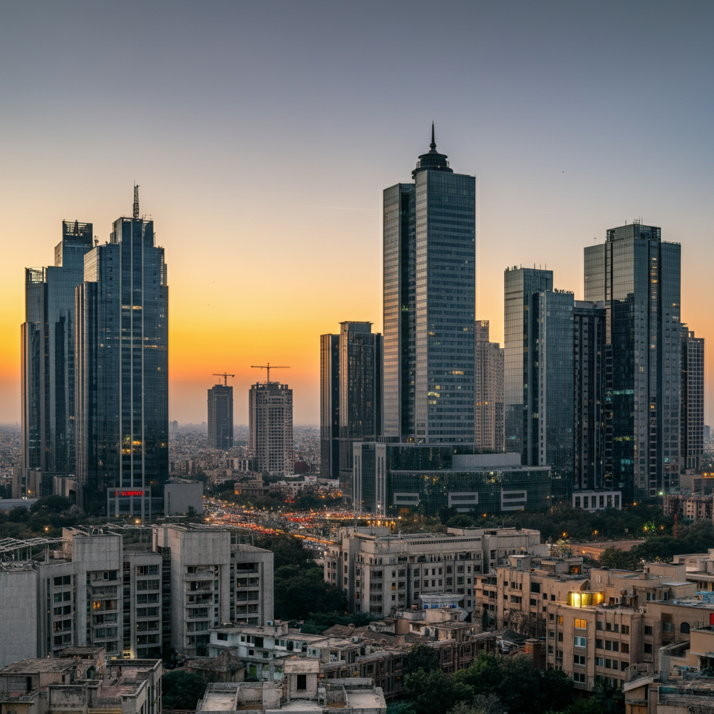 A stunning view of the Delhi NCR skyline at sunset, showcasing modern skyscrapers and traditional architecture under a warm, golden glow, highlighting the allure of finding a flat for rent in Delhi NCR.