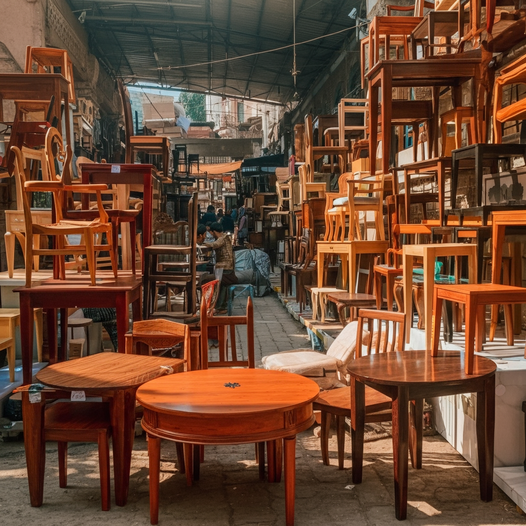 A bustling furniture market in Delhi showcasing wooden tables, colorful chairs, and elegant sofas with vibrant market activity.